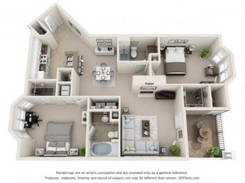 Floor plan for 2 beds, 2 baths, 1245 sqft